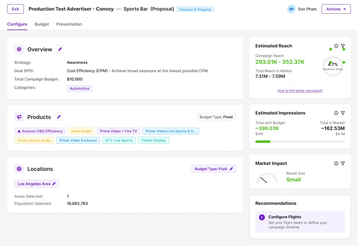 Compass panel showing estimated reach, impressions, market impact and recommendations