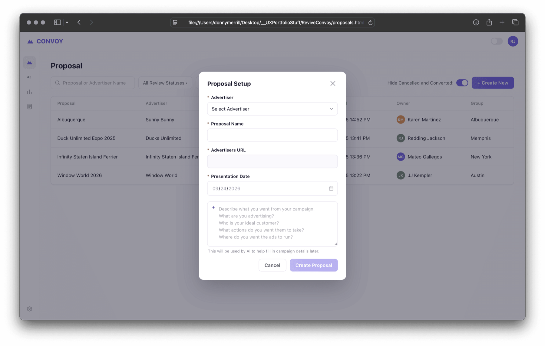 Clickable prototype of proposal setup running in a browser