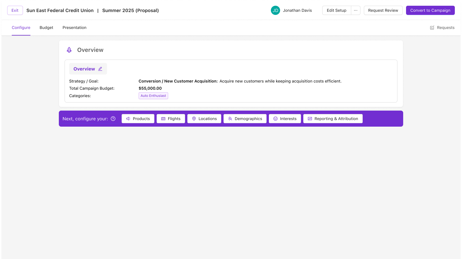 Original proposal screen with a single row of configuration buttons