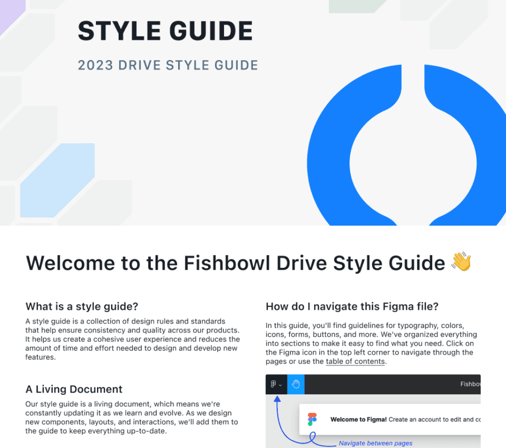Fishbowl Drive style guide welcome page in Figma